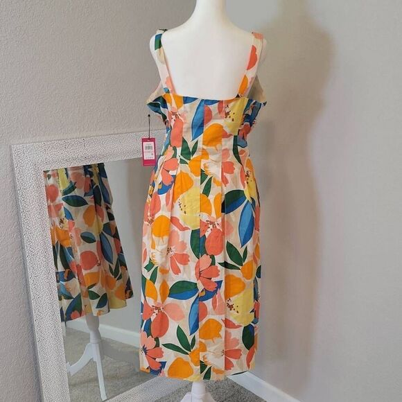Vince Camuto Tropical Floral Sleeveless Tie Waist Midi Dress Cotton Size 10 - Picture 3 of 9